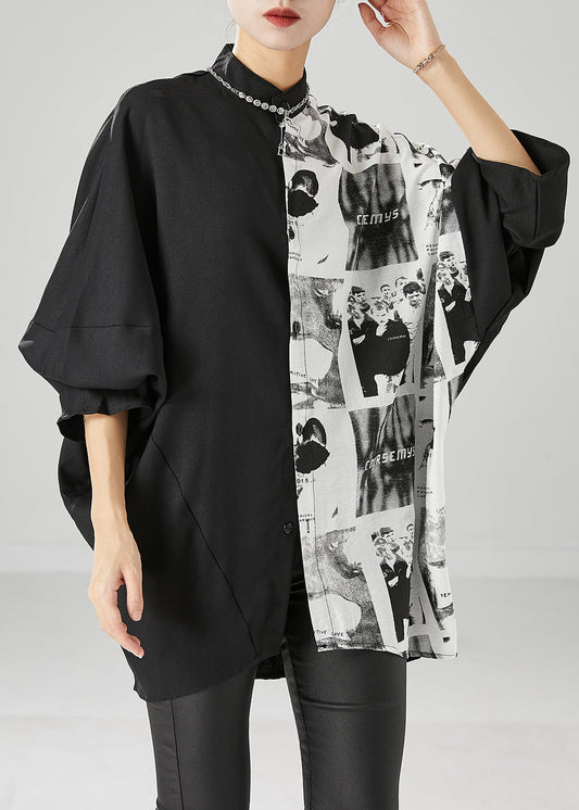 Modern Black Oversized Patchwork Print Cotton Shirt Batwing Sleeve Ada Fashion