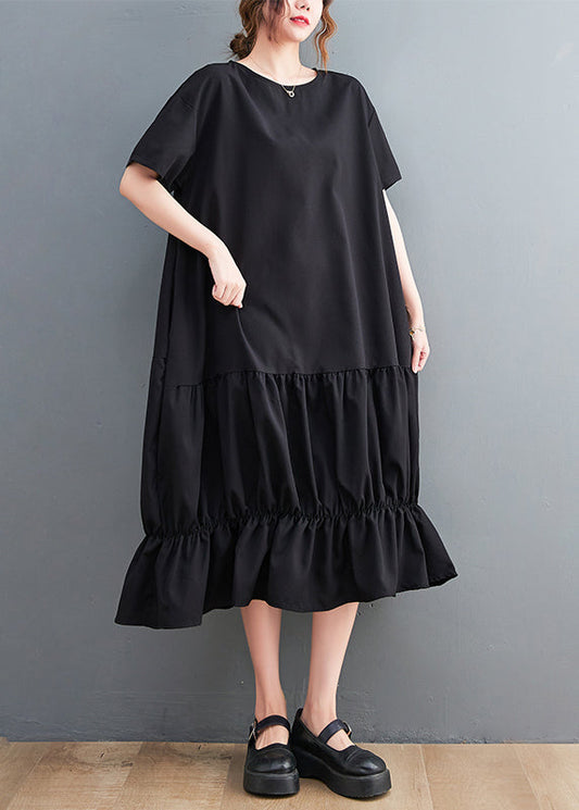Modern Black Oversized Patchwork Wrinkled Cotton Dresses Summer Ada Fashion