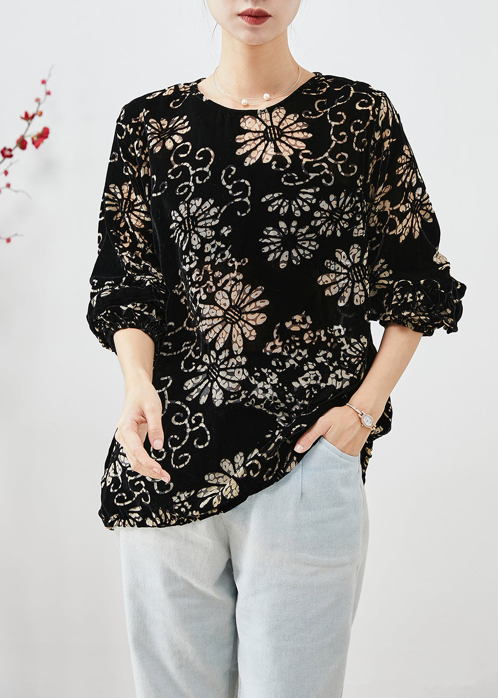 Modern Black Oversized Print Silk Velour Shirt Top Fall Ada Fashion