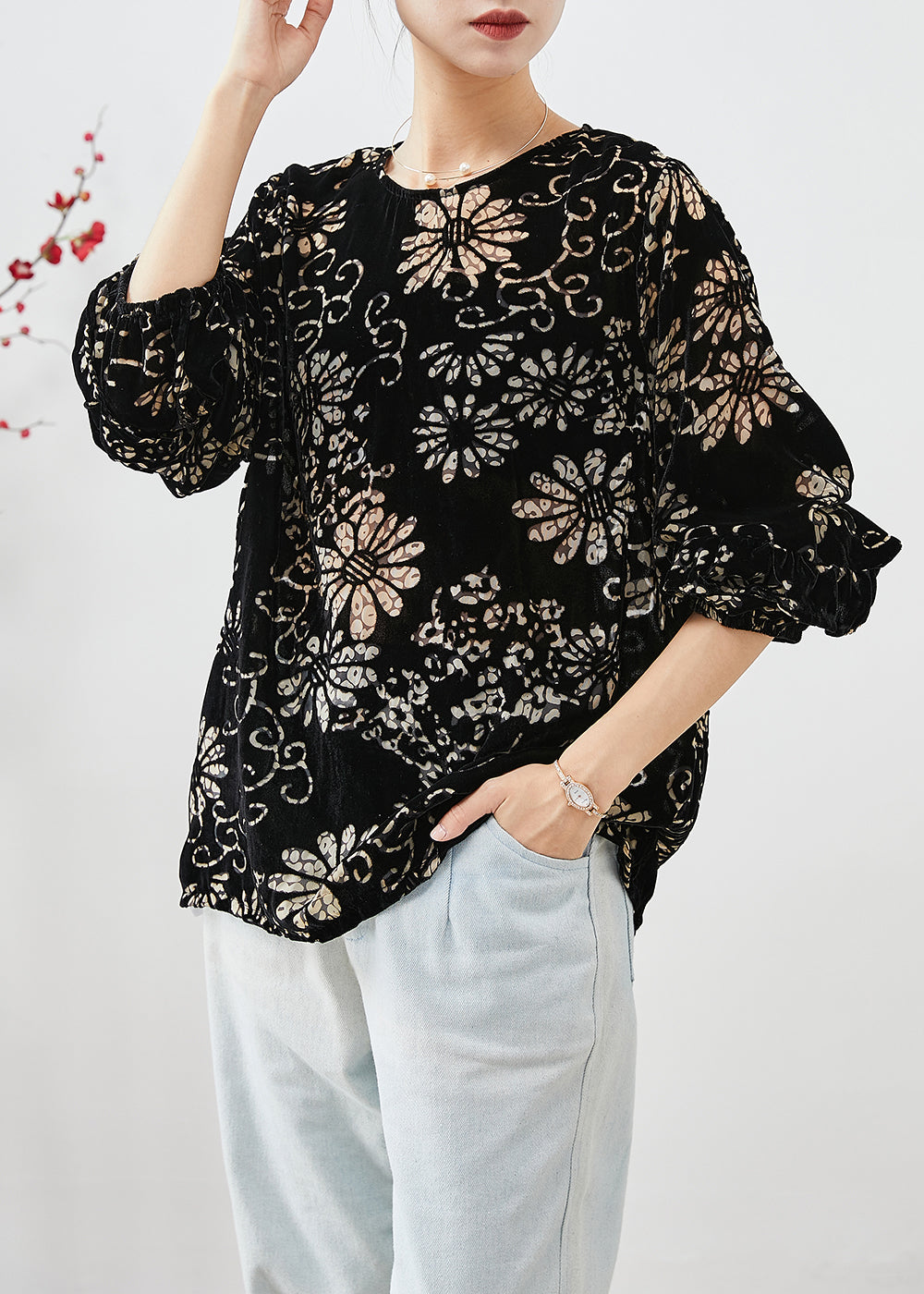 Modern Black Oversized Print Silk Velour Shirt Top Fall Ada Fashion