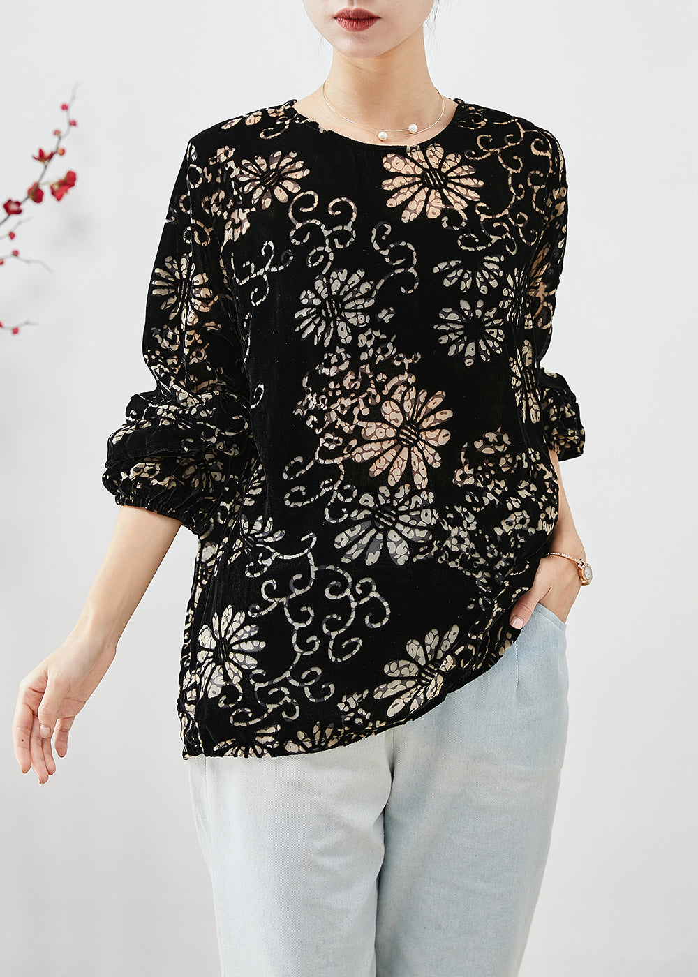 Modern Black Oversized Print Silk Velour Shirt Top Fall Ada Fashion