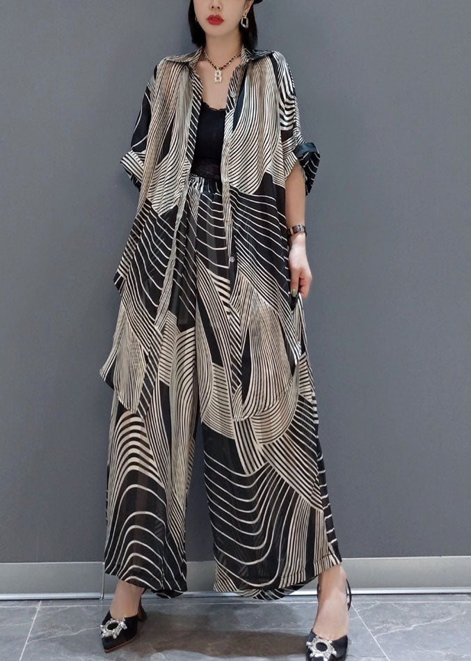 Modern Black Oversized Striped Draping Chiffon Two-Piece Set Summer LY1594 - fabuloryshop