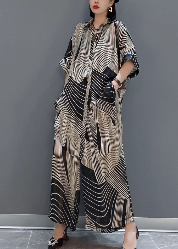 Modern Black Oversized Striped Draping Chiffon Two-Piece Set Summer LY1594 - fabuloryshop