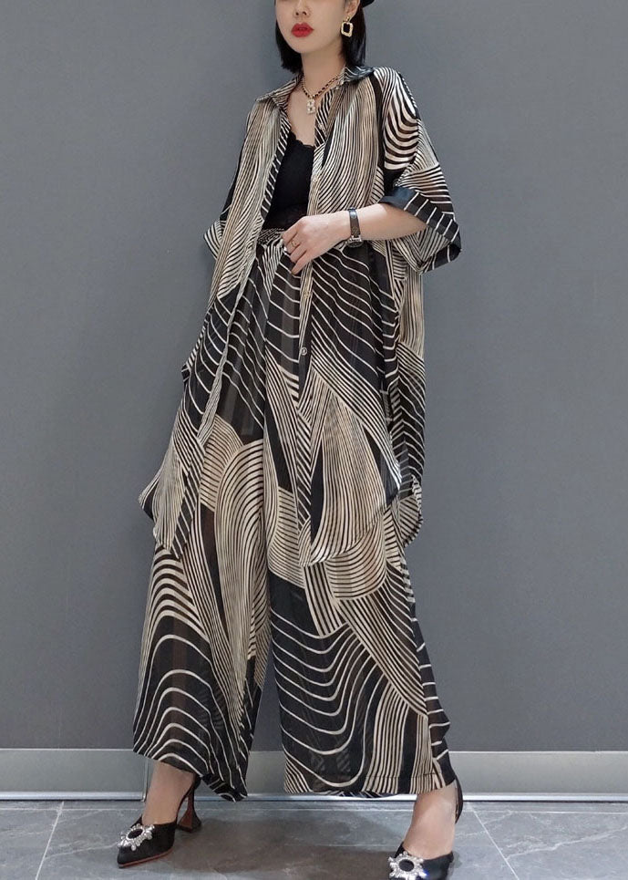 Modern Black Oversized Striped Draping Chiffon Two-Piece Set Summer LY1594 - fabuloryshop