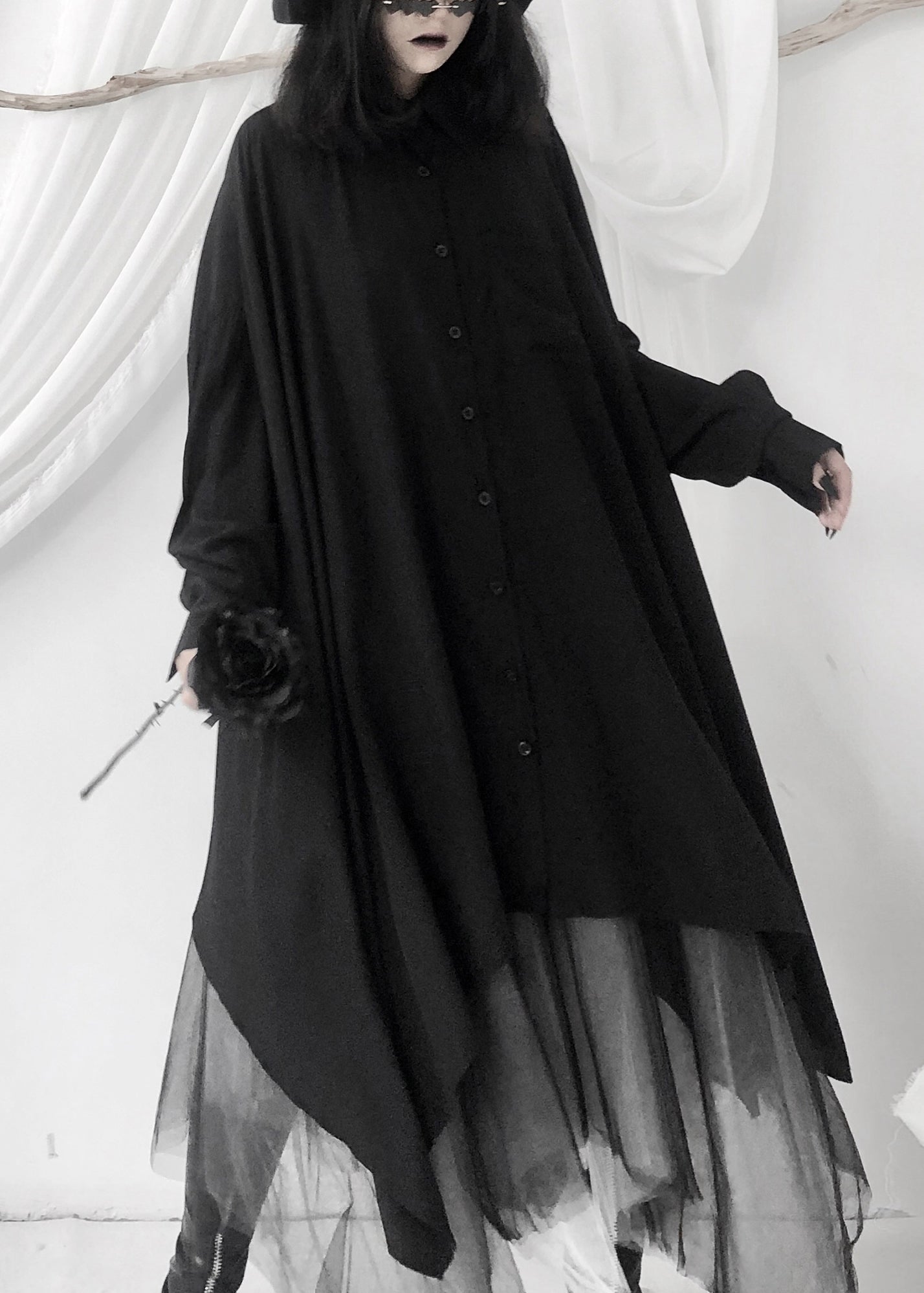 Modern Black Peter Pan Collar Asymmetrical Button Maxi Shirts Long Sleeve Ada Fashion