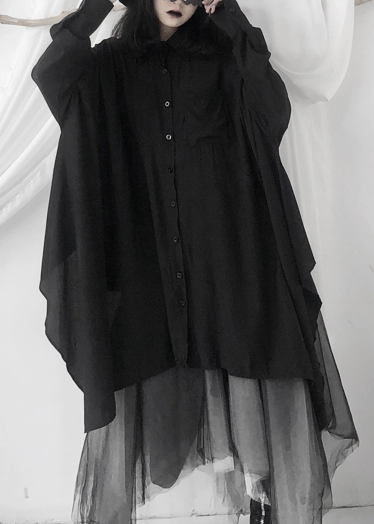 Modern Black Peter Pan Collar Asymmetrical Button Maxi Shirts Long Sleeve Ada Fashion