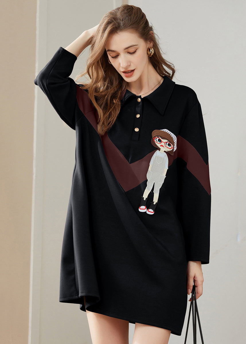 Modern Black Peter Pan Collar Character Print Cotton Sweatshirts Dress Spring LY0265 - fabuloryshop