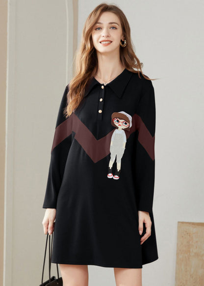 Modern Black Peter Pan Collar Character Print Cotton Sweatshirts Dress Spring LY0265 - fabuloryshop