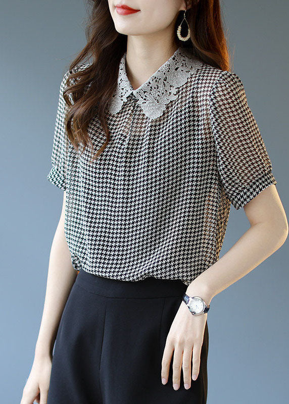 Modern Black Peter Pan Collar Lace Patchwork Plaid Chiffon Top Summer LY0054 - fabuloryshop