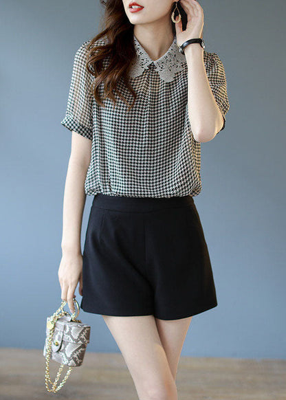 Modern Black Peter Pan Collar Lace Patchwork Plaid Chiffon Top Summer LY0054 - fabuloryshop