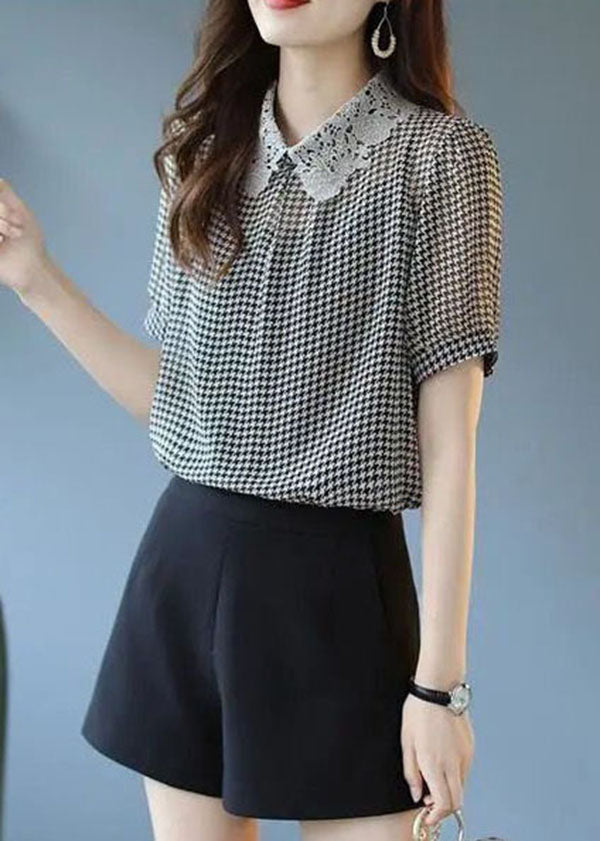 Modern Black Peter Pan Collar Lace Patchwork Plaid Chiffon Top Summer LY0054 - fabuloryshop