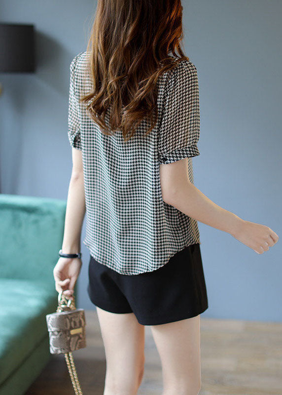 Modern Black Peter Pan Collar Lace Patchwork Plaid Chiffon Top Summer LY0054 - fabuloryshop