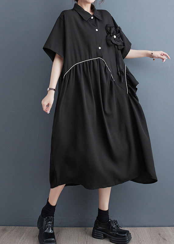 Modern Black Peter Pan Collar Patchwork Floral Button Party Maxi Dress Short Sleeve LY4948 - fabuloryshop