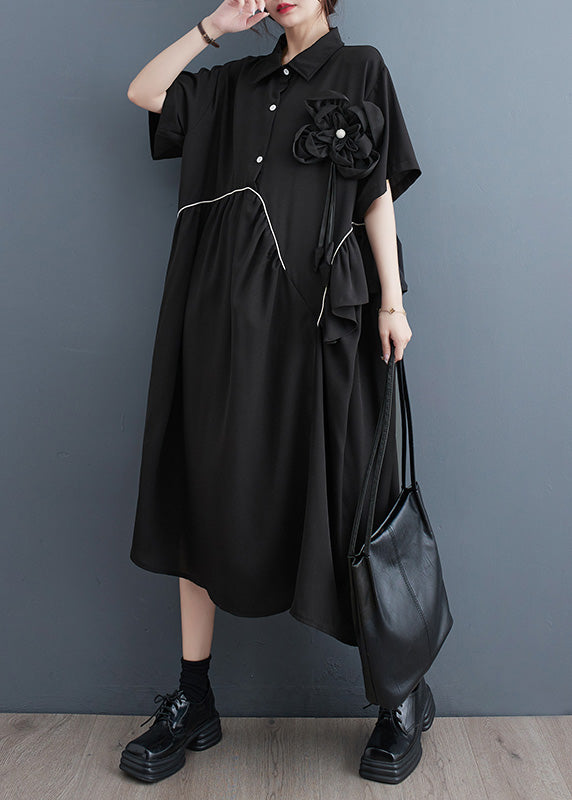 Modern Black Peter Pan Collar Patchwork Floral Button Party Maxi Dress Short Sleeve LY4948 - fabuloryshop