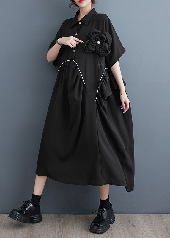 Modern Black Peter Pan Collar Patchwork Floral Button Party Maxi Dress Short Sleeve LY4948 - fabuloryshop