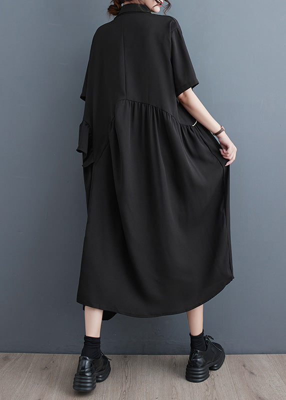 Modern Black Peter Pan Collar Patchwork Floral Button Party Maxi Dress Short Sleeve LY4948 - fabuloryshop