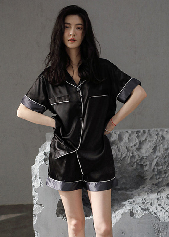 Modern Black Peter Pan Collar Patchwork Ice Silk Couple Pajamas Two Pieces Set Summer LY2846 - fabuloryshop