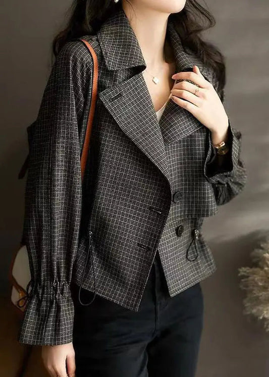 Modern Black Peter Pan Collar Plaid Drawstring Patchwork Cotton Jacket Fall Ada Fashion