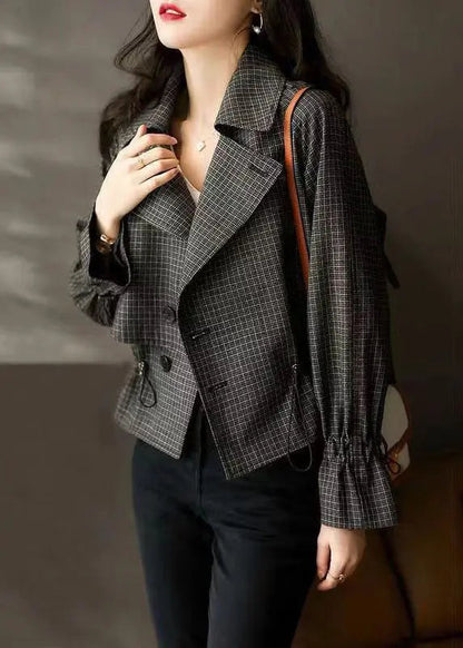 Modern Black Peter Pan Collar Plaid Drawstring Patchwork Cotton Jacket Fall Ada Fashion