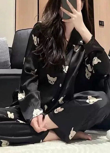 Modern Black Peter Pan Collar Print Ice Silk 2 Piece Outfit Pajamas Spring LY2808 - fabuloryshop