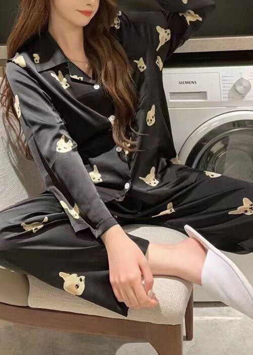 Modern Black Peter Pan Collar Print Ice Silk 2 Piece Outfit Pajamas Spring LY2808 - fabuloryshop