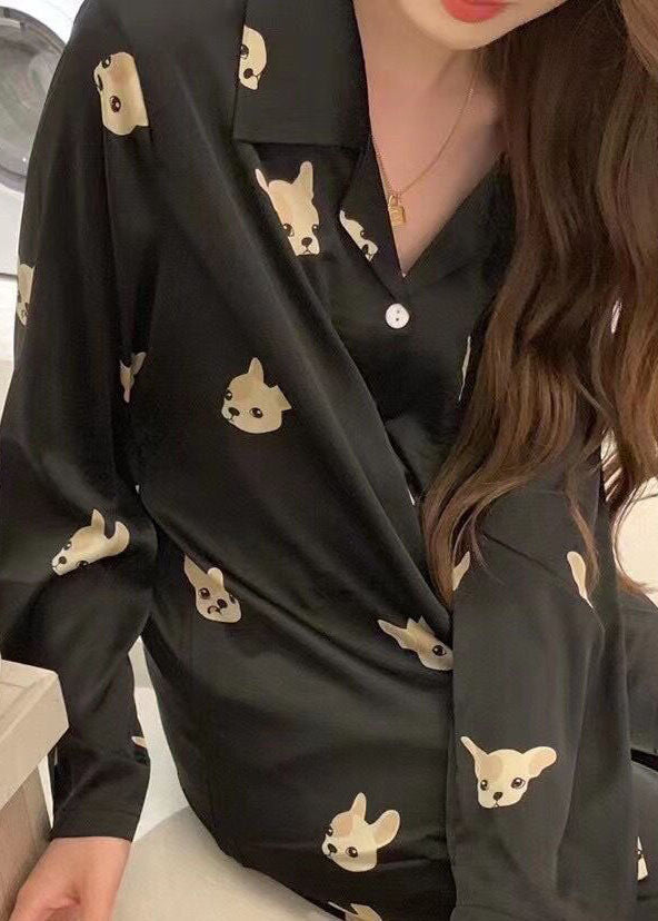 Modern Black Peter Pan Collar Print Ice Silk 2 Piece Outfit Pajamas Spring LY2808 - fabuloryshop