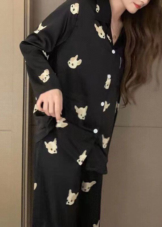 Modern Black Peter Pan Collar Print Ice Silk 2 Piece Outfit Pajamas Spring LY2808 - fabuloryshop