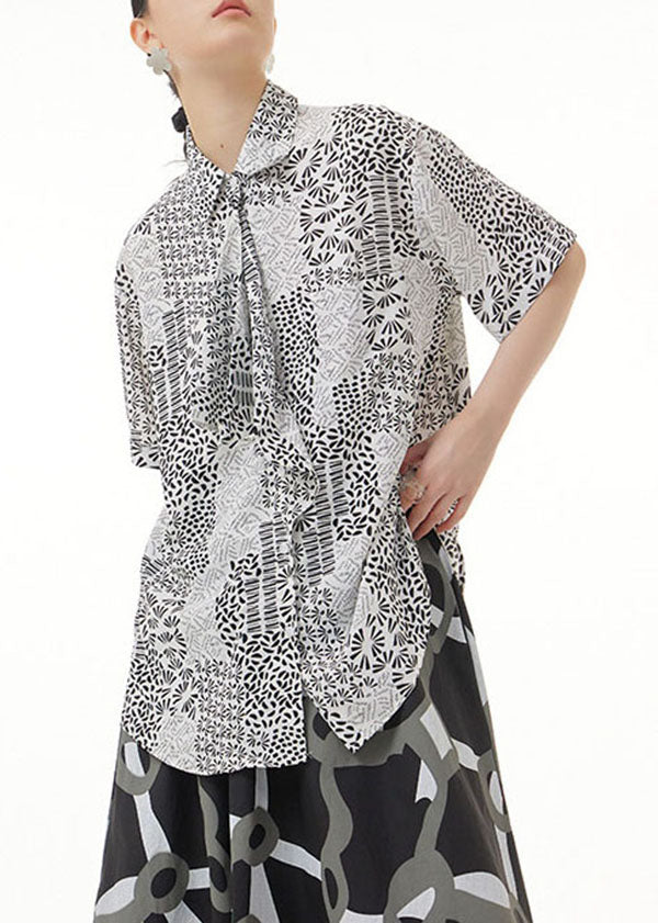 Modern Black Peter Pan Collar Print Patchwork Cotton Shirt Top Summer LY1212 - fabuloryshop