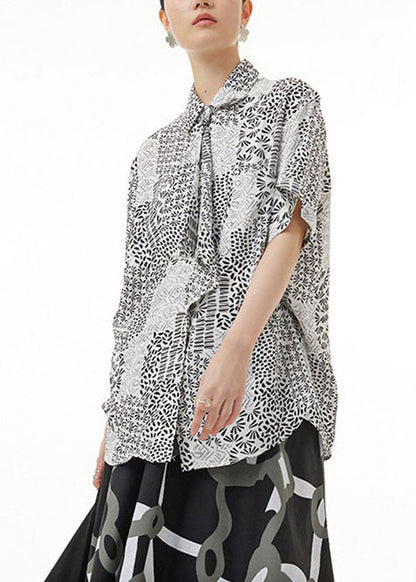 Modern Black Peter Pan Collar Print Patchwork Cotton Shirt Top Summer LY1212 - fabuloryshop