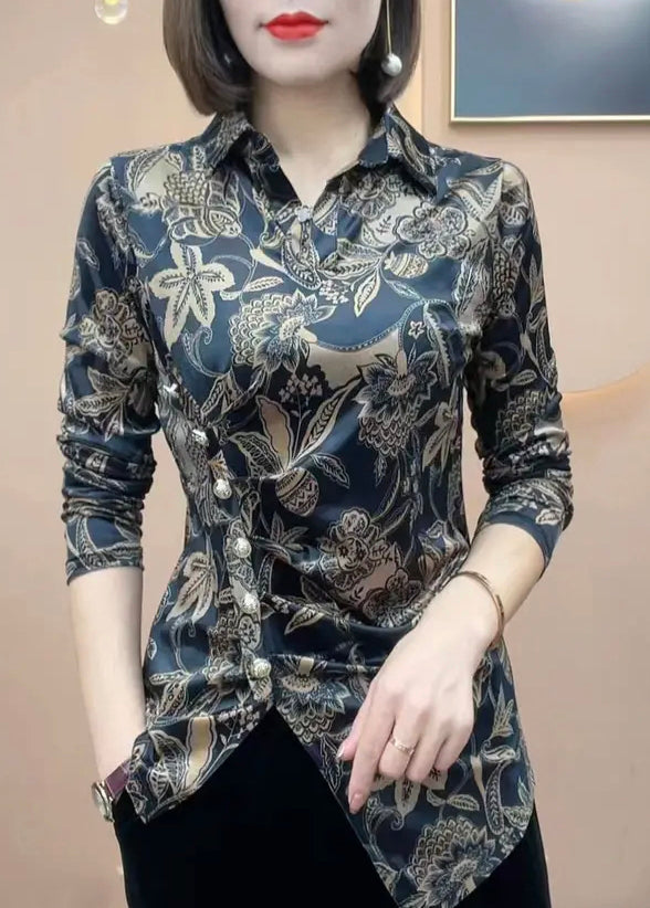 Modern Black Peter Pan Collar Print Patchwork Silk Shirts Fall Ada Fashion