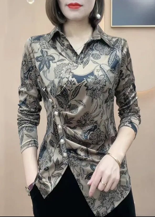 Modern Black Peter Pan Collar Print Patchwork Silk Shirts Fall Ada Fashion