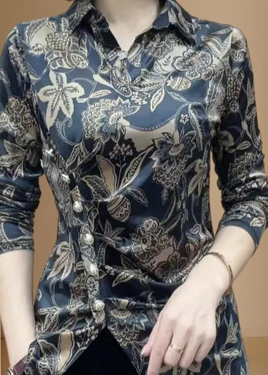 Modern Black Peter Pan Collar Print Patchwork Silk Shirts Fall Ada Fashion