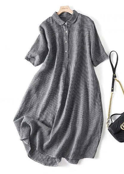 Modern Black Plaid Peter Pan Collar Button Linen Long Shirts Dress Summer LY3902 - fabuloryshop