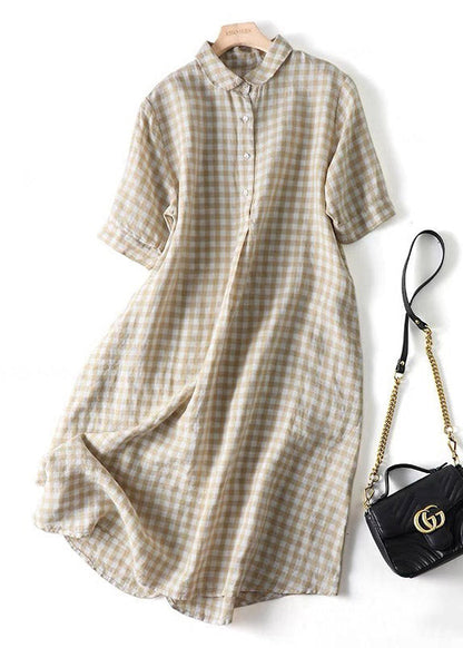 Modern Black Plaid Peter Pan Collar Button Linen Long Shirts Dress Summer LY3902 - fabuloryshop