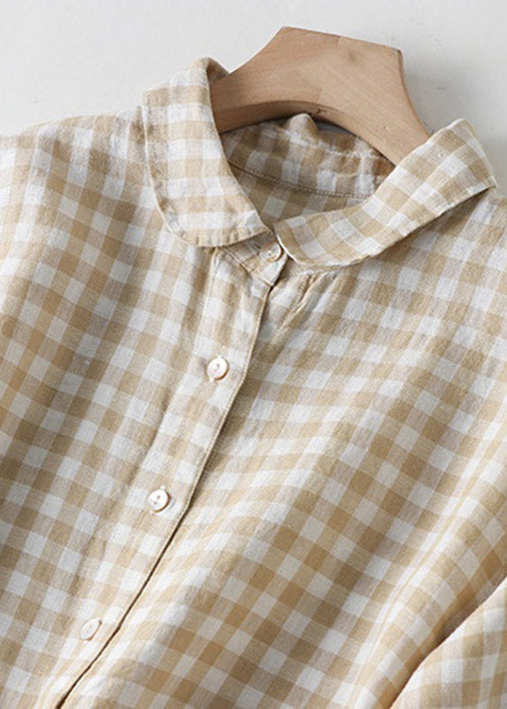 Modern Black Plaid Peter Pan Collar Button Linen Long Shirts Dress Summer LY3902 - fabuloryshop