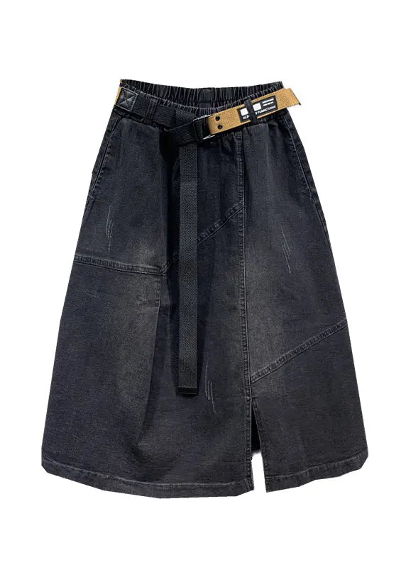 Modern Black Pockets Elastic Waist Patchwork Denim Skirts Fall Ada Fashion