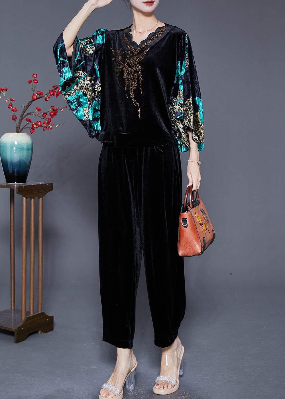 Modern Black Print Zircon Silk Velour Two Pieces Set Batwing Sleeve Ada Fashion