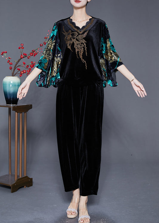 Modern Black Print Zircon Silk Velour Two Pieces Set Batwing Sleeve Ada Fashion