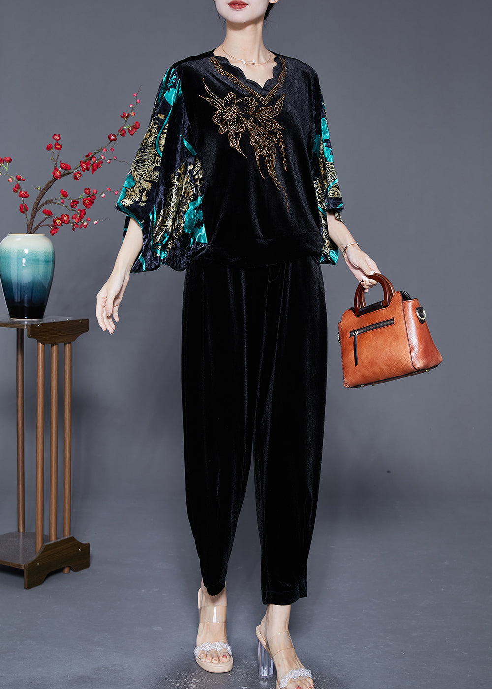 Modern Black Print Zircon Silk Velour Two Pieces Set Batwing Sleeve Ada Fashion