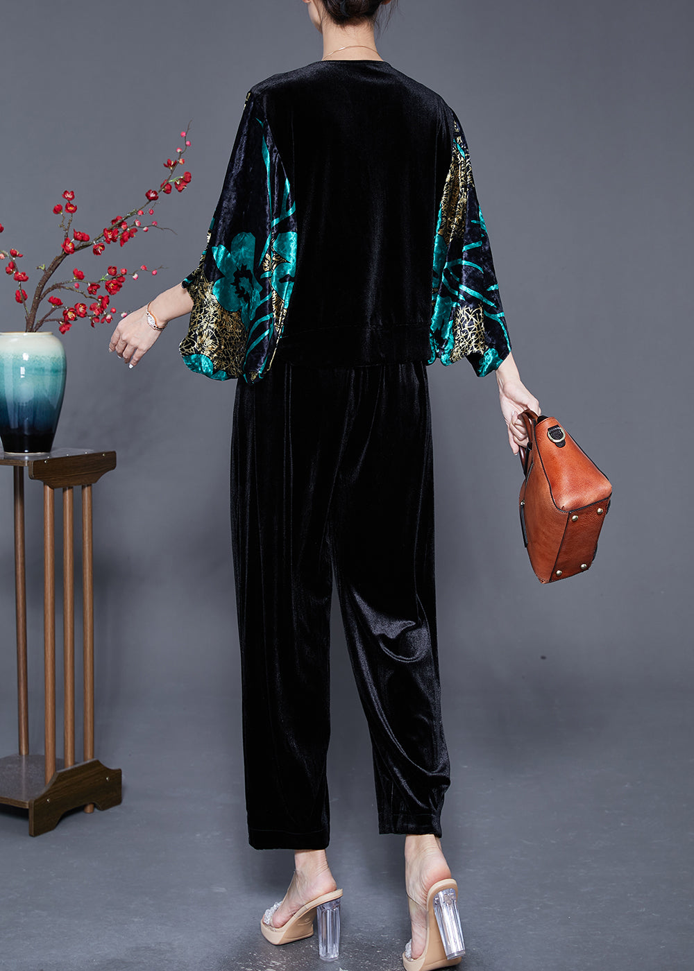 Modern Black Print Zircon Silk Velour Two Pieces Set Batwing Sleeve Ada Fashion