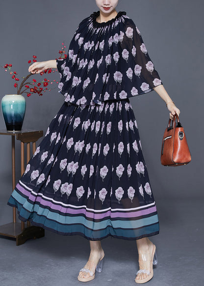 Modern Black Ruffled Print Fake Two Piece Chiffon Holiday Dress Cloak Sleeves LY3624 - fabuloryshop