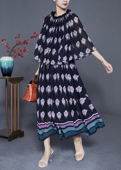 Modern Black Ruffled Print Fake Two Piece Chiffon Holiday Dress Cloak Sleeves LY3624 - fabuloryshop