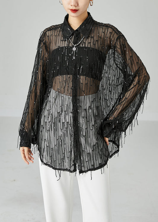 Modern Black Sequins Tassel Hollow Out Tulle Shirt Top Summer LY6082 - fabuloryshop