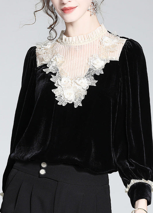 Modern Black Stand Collar Lace Patchwork Silk Velour Tops Spring LY0704 - fabuloryshop