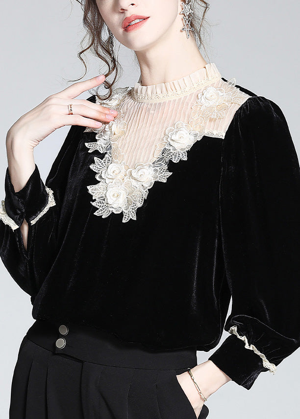 Modern Black Stand Collar Lace Patchwork Silk Velour Tops AC3010