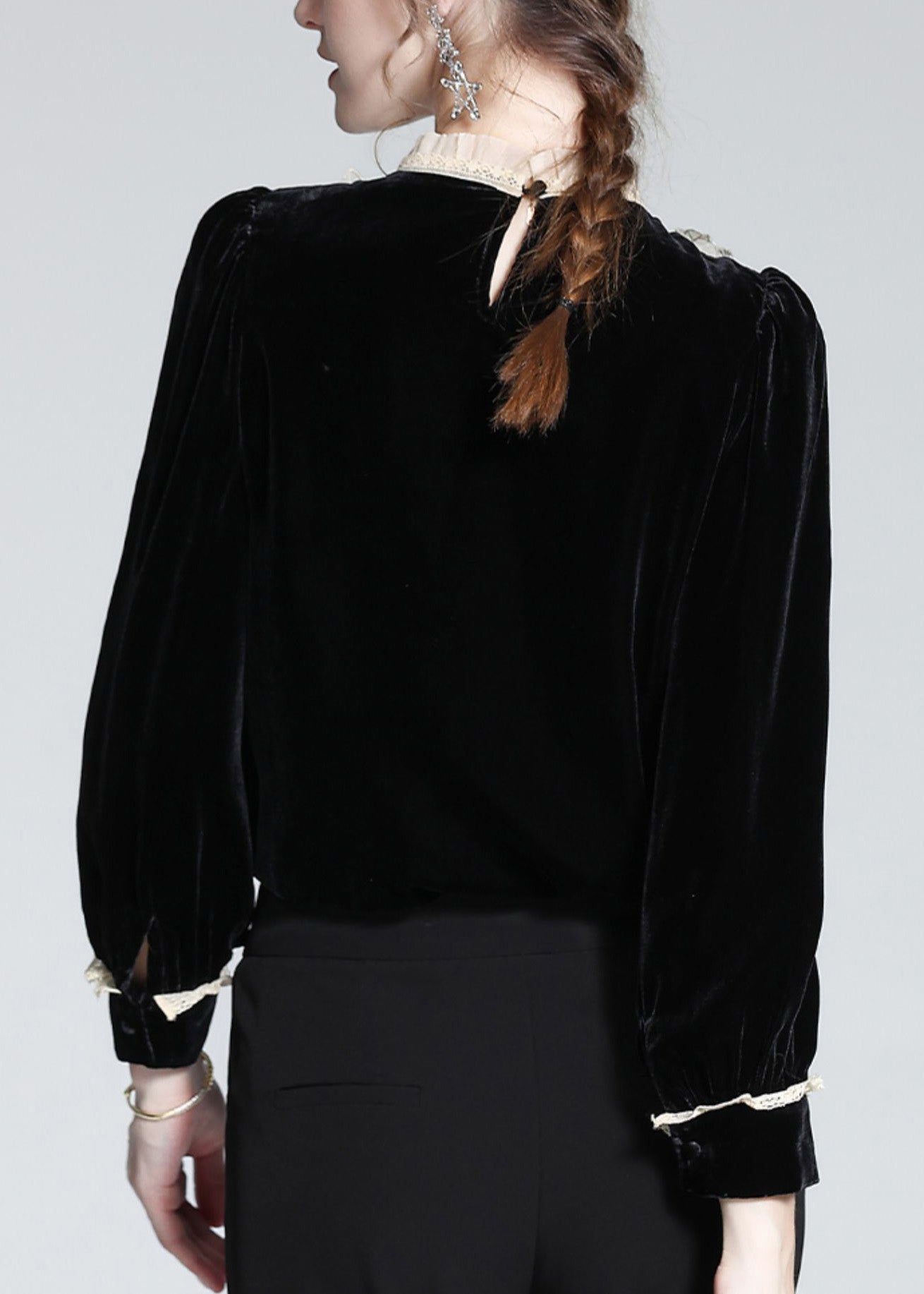 Modern Black Stand Collar Lace Patchwork Silk Velour Tops AC3010 - fabuloryshop