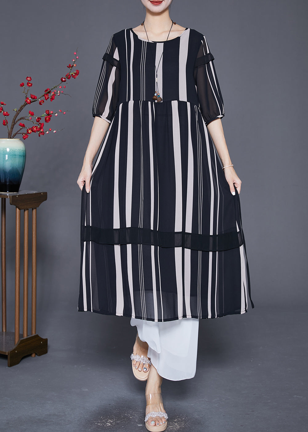 Modern Black Striped Patchwork Chiffon Maxi Dresses Half Sleeve Ada Fashion