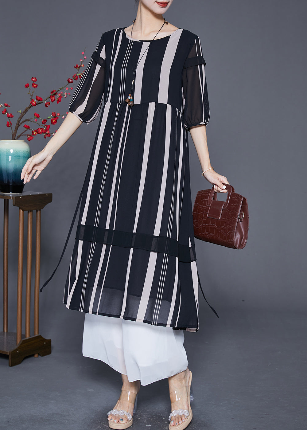 Modern Black Striped Patchwork Chiffon Maxi Dresses Half Sleeve Ada Fashion