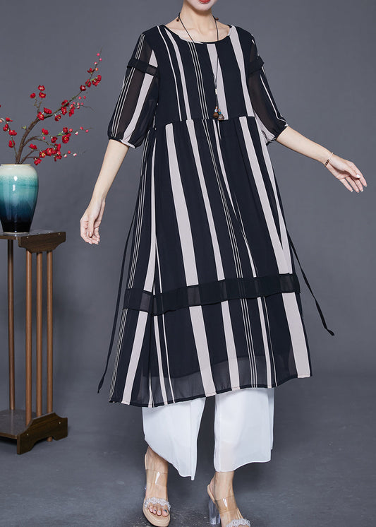 Modern Black Striped Patchwork Chiffon Maxi Dresses Half Sleeve Ada Fashion