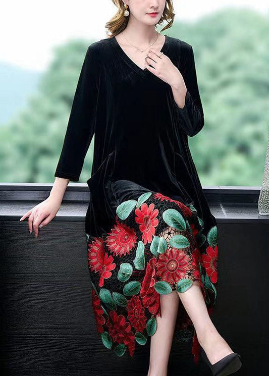 Modern Black V Neck Floral Patchwork Hollow Out Silk Velour Dress Spring LY1694 - fabuloryshop